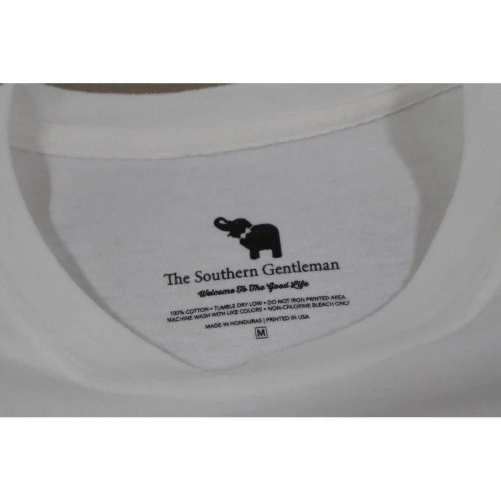 The‎ Southern Gentleman White Pocket Tee with Plaid Elephant Icon - Size M